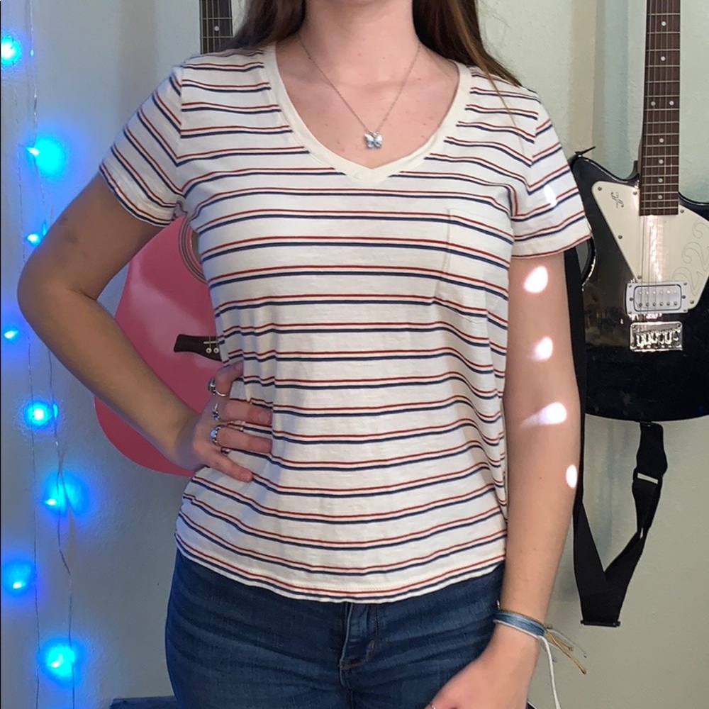 White, Red, Blue V-neck